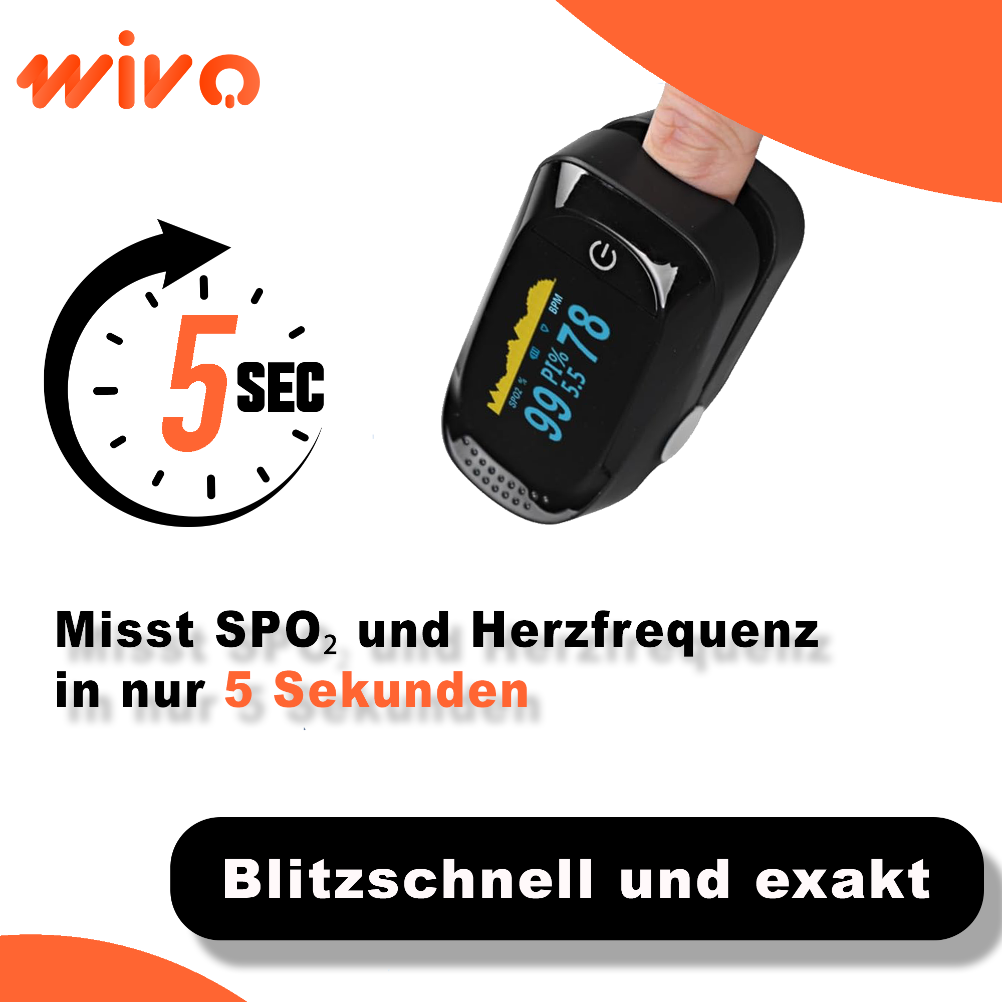 Wivo Pulsoximeter mit Herzfrequenzmessung & SpO₂-Sensor – Elektrischer Finger-Pulsoximeter mit medizinischer CE-Zertifizierung