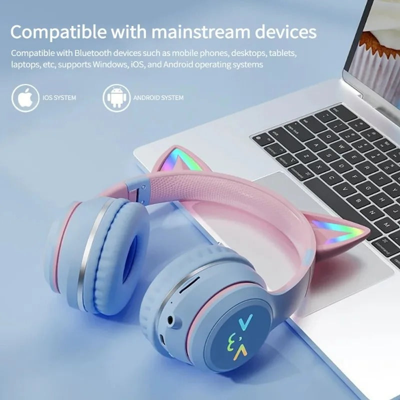 RGB Bluetooth Katzenohren Kopfhörer – Wireless Headset mit Mikrofon, LED, Stereo