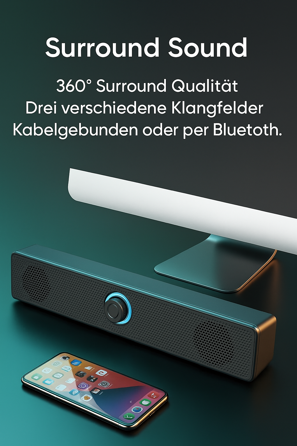Bluetooth 4D Surround Soundbar – Heimkino Lautsprecher – PC/TV Sound System – Subwoofer – Starker Bass – Wired & Wireless